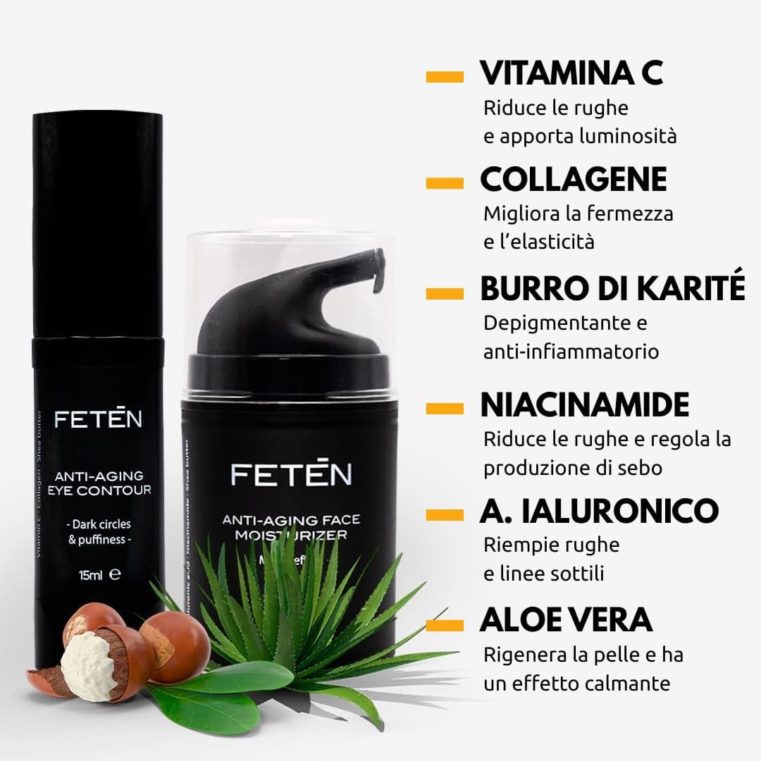 FETEN Crema Viso Uomo e Contorno Occhi Anti Occhiaie e Borse - Skincare Kit Antiage Uomo - Creme Antirughe Idratante con Acido Ialuronico - Set Bellezza Regalo per la Cura della Pelle