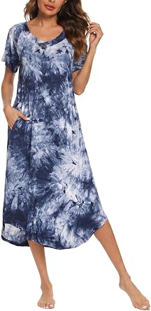 YOZLY Cotton Nightgowns for Women Short Sleeve Long Night Gowns Soft V Neck Sleepwear with Pockets