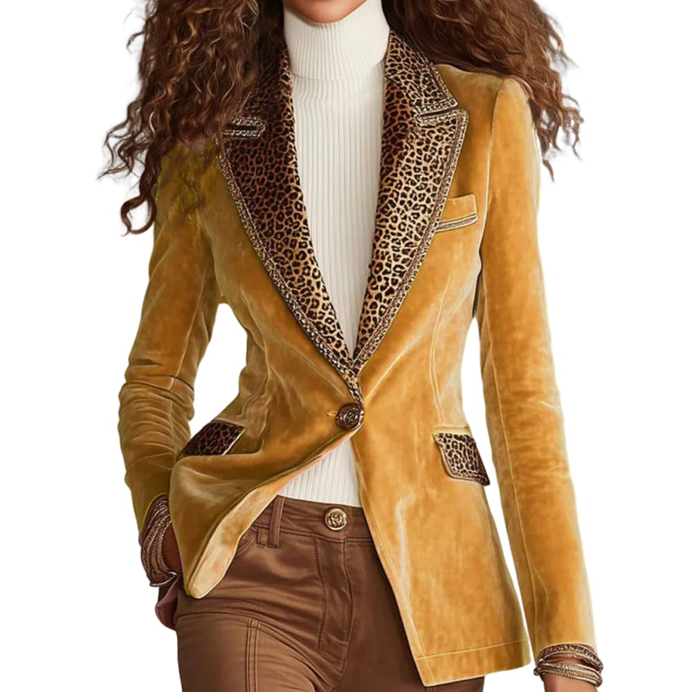 Melliflo Womens Velvet Blazer Leopard Print Trim Patchwork Notched Lapel Button Suit Jacket Formal Office Blazer with Pockets