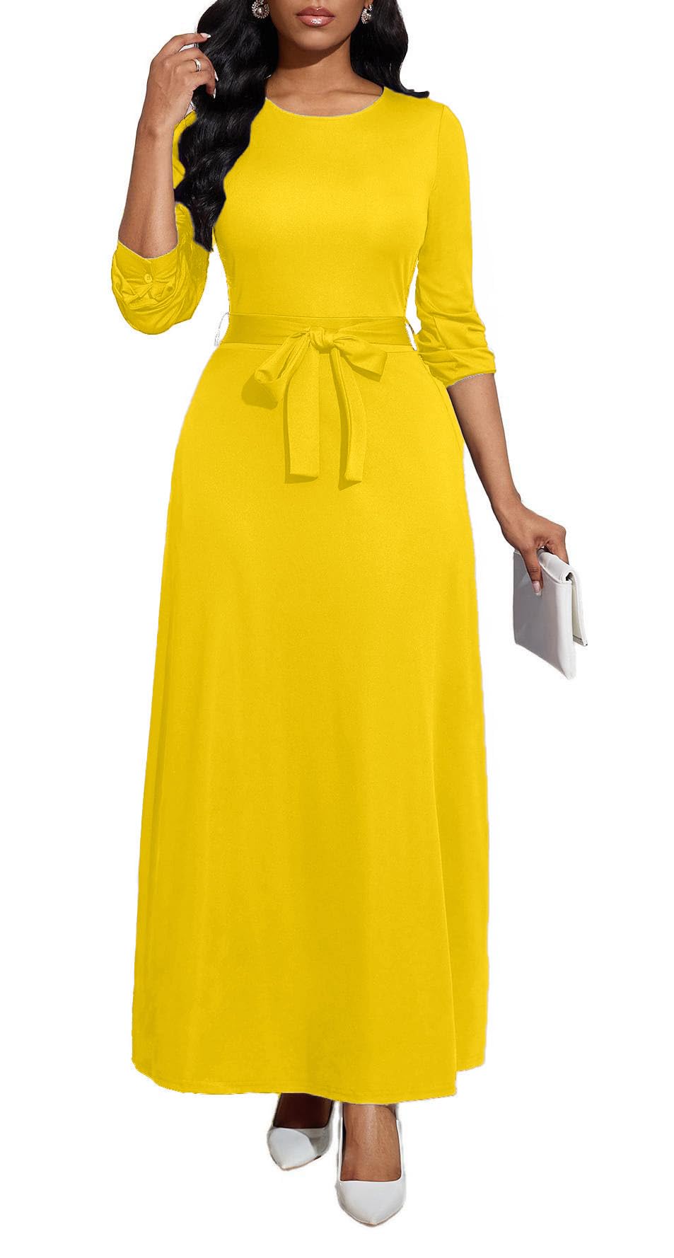 BubFee Long Dress for Women Casual Long Sleeve Dresses Maxi Dress Empire Waist Loose with Belt