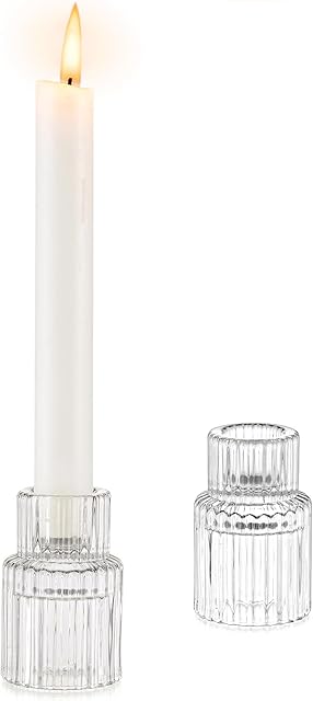 Glasseam Candle Sticks Holder Set of 2, Clear Glass Candle Holders for Candlestick Candles, Small Taper Candle Holder for Room Decor, Decorative Candlestick Holder for Dinner Tables Decoration