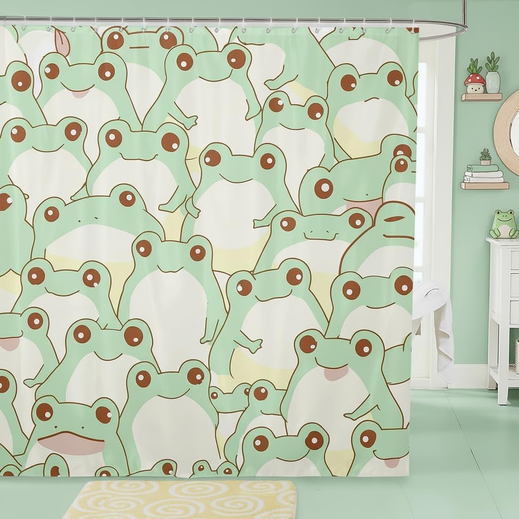 Homewish Decorative Cute Frog Shower Curtain Waterproof Polyester Fabric,Green Frog Bath Curtain Home Bathroom Decor Hanging Curtain with Hooks 72 x 78 Inch,Machine Washable