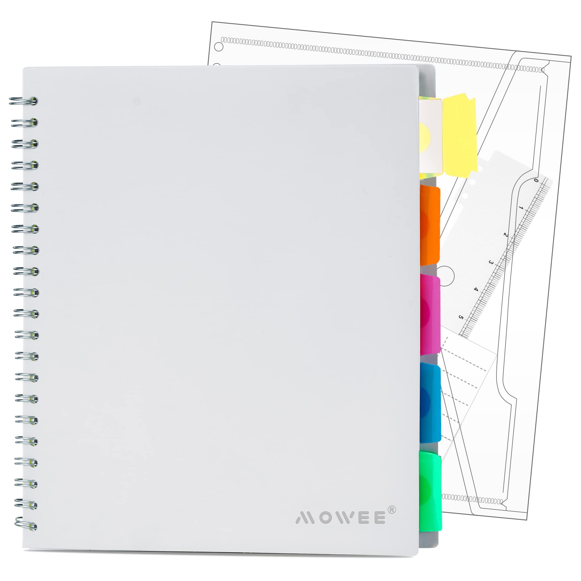 5 Subject Notebook - Spiral Notebook, College Ruled Notebook With Dividers Pocket, Tabs, 11" Ruler, 200 Pages, for Writing Journal, Home &amp; Office, School Supplies, 8.5''x11'' Lily White