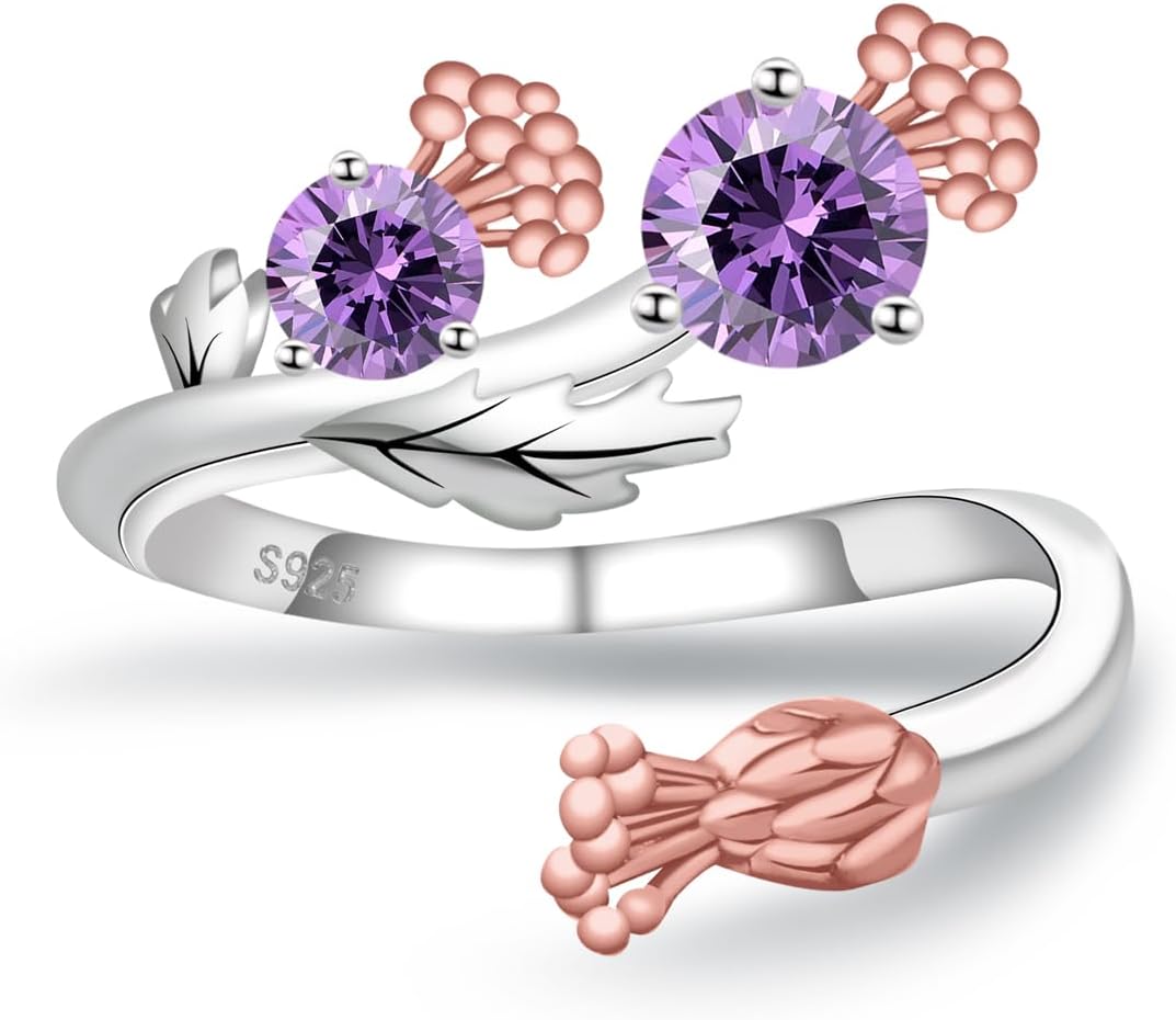 Helonley Scottish Thistle Rings for Women - 925 Sterling Silver Thistle Rings Amethyst CZ Scottish Thistle Rings Adjustable Hypoallergenic Jewelry Gifts