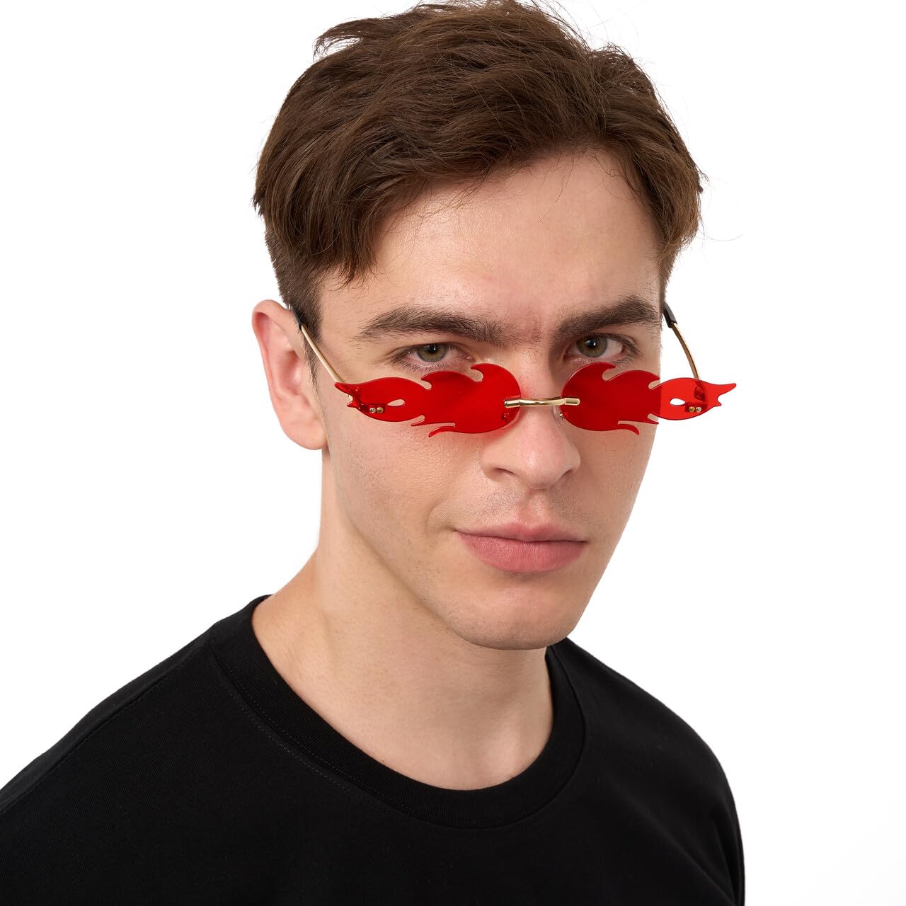 2 Piece Flame Sunglasses Flaming Fire Color Tinted Lens Oval Rimless Flames  main image 4