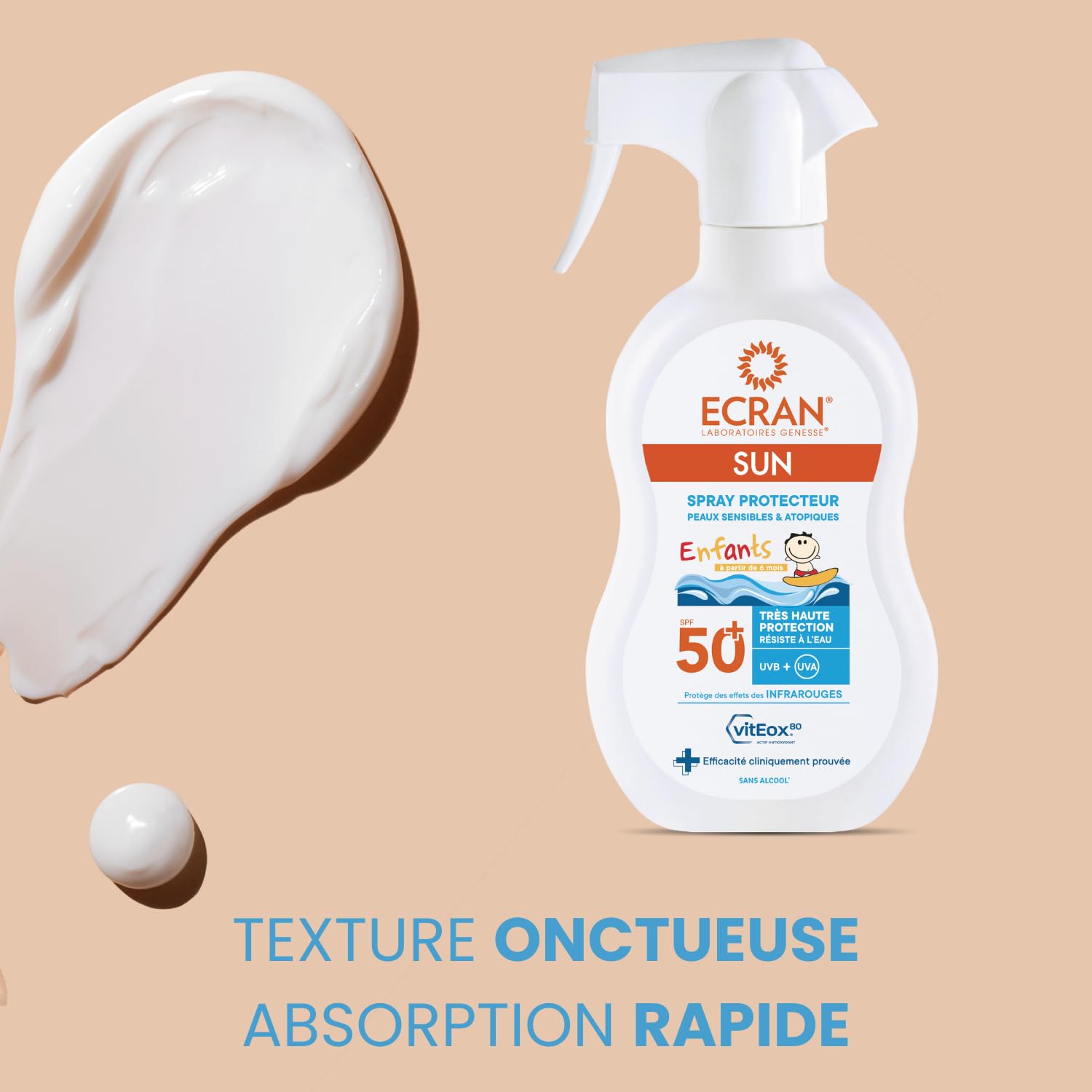 ECRAN® - Pistolet Protecteur Enfant - Très Haute Protection - Technologie vitEox80 - Vitamine E - Protection UVA, UVB, Lumière Bleue, Coups de Soleil - Protection Solaire SPF 50+ - Résistant à l'eau