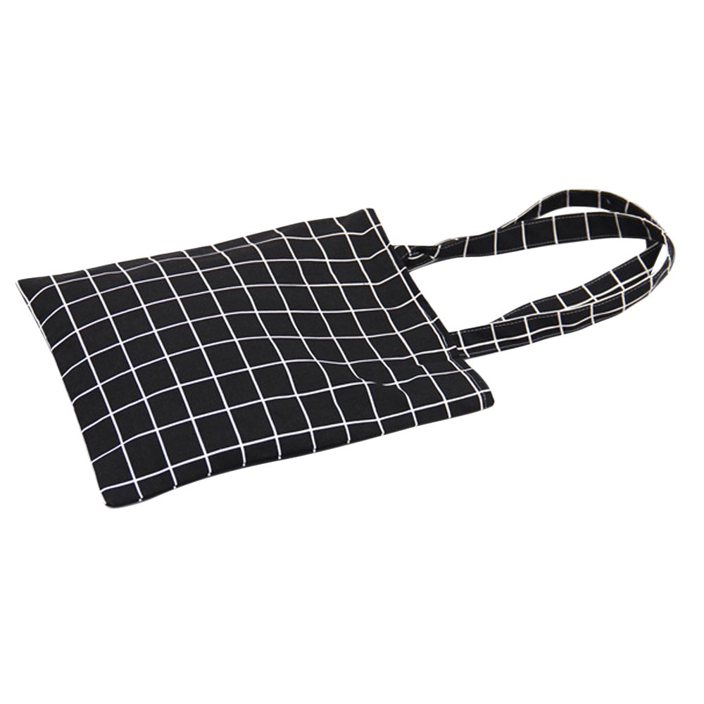 Caixia Women's Cotton Plaid Print Canvas Tote Shopping Bag, Black/Zip Closure, Medium