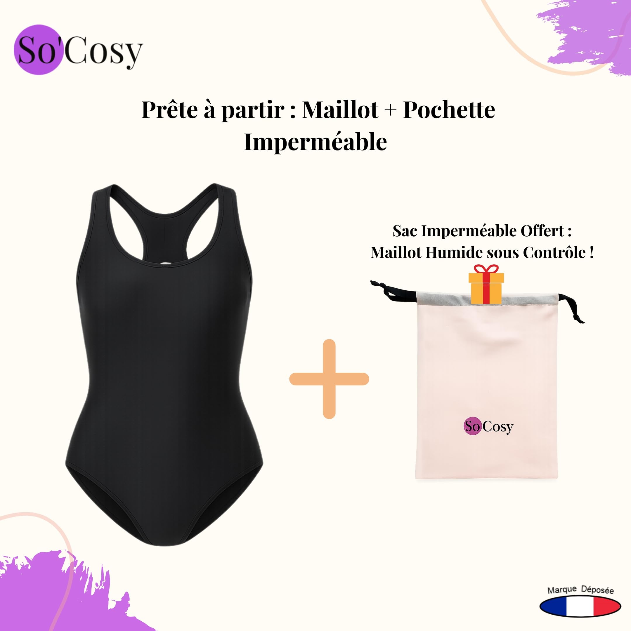 So'Cosy Maillot de Bain Menstruel 1 Pièce - Anti-Fuite Règles et Post-Partum, Flux Léger à Modéré - Étanche, Confortable, Discret - Femme & Ado