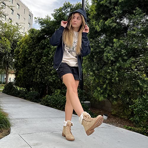Vorisvina Women's Warm Faux Fur Lined Winter Snow Boots Lace Up Chunky Low Heel Combat Boots Suede Zipper Hiking Ankle Booties Beige #TOP2