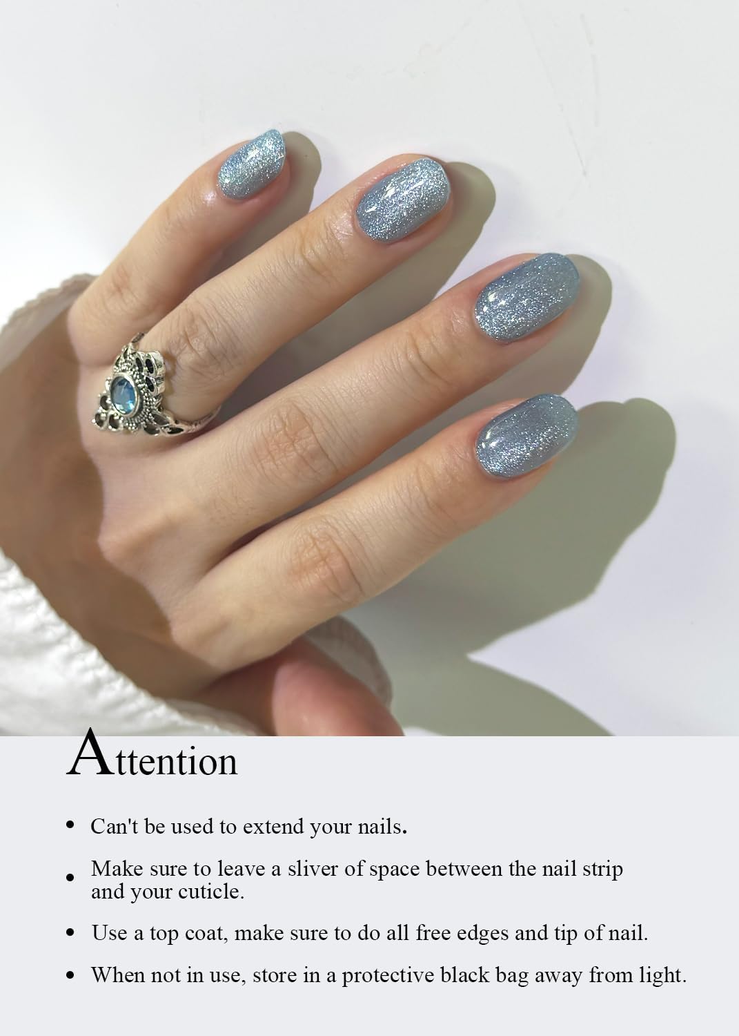 AutyaMee Semi Cured Gel Nail Strips (Powder Blue Cat Eye), 20 Pcs Gel Nail Wraps, Stickers, UV Light Required, Salon Quality, Long Lasting