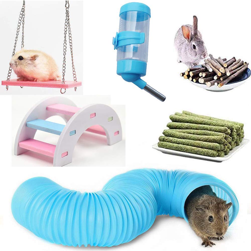 JUILE YUAN 6 Pack Hamsters Chew Toys Water Bottle Set, Guinea Pig, Syrian Hamster, Rabbits, Small Animals with Wooden Chew Teeth Care Molar Toys, Natural Wooden Amusement Toys, and Accessories