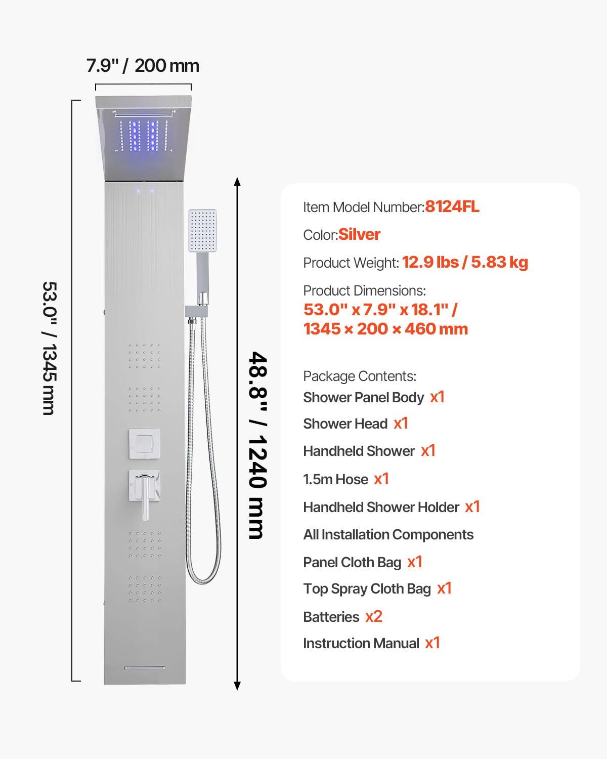 VEVOR Pannello Doccia a Torre con Soffione a Cascata LED, Colonna Doccia in Acciaio Inox Spazzolato 1345 mm, Rubinetto 5 Funzioni con Doccetta e Beccuccio per Vasca