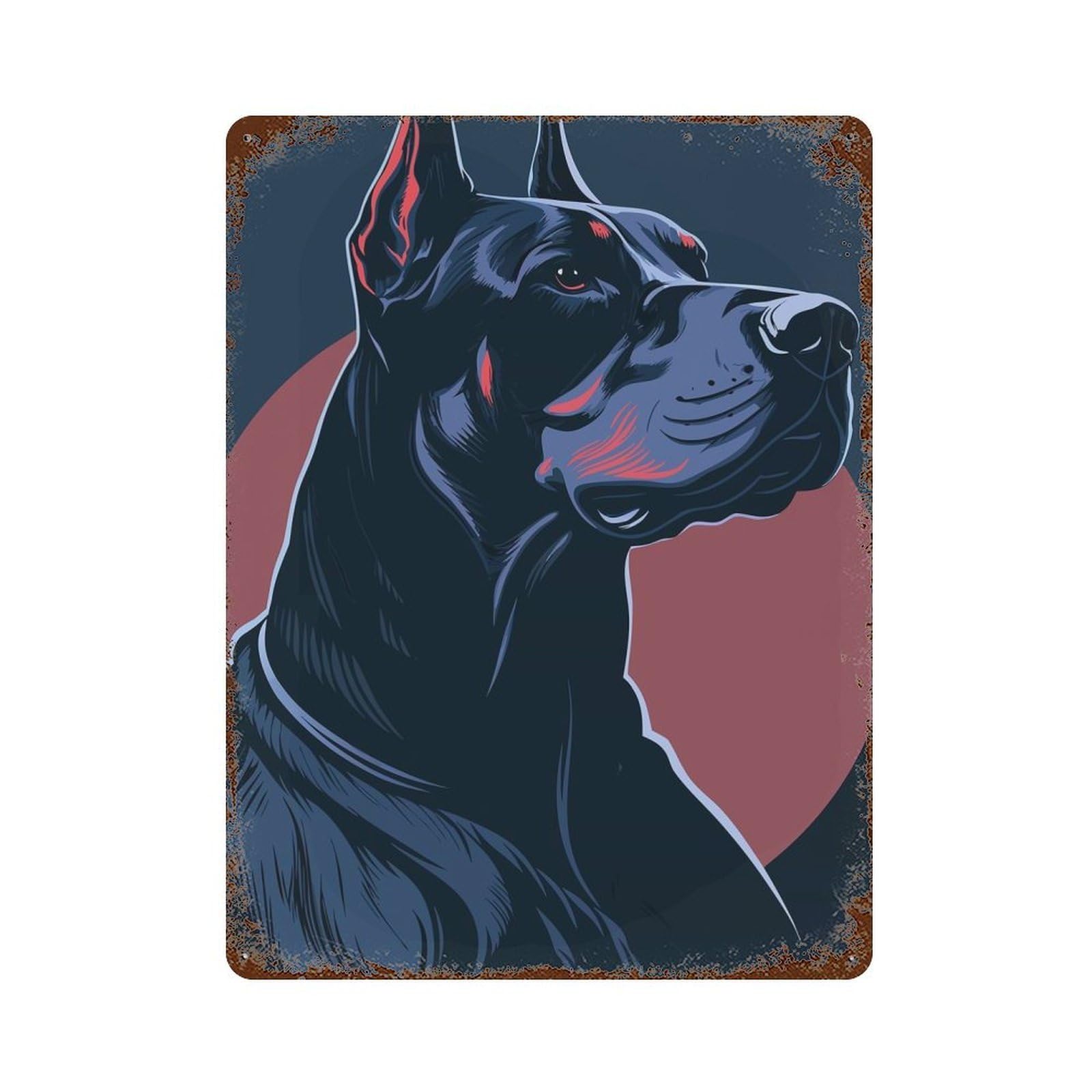 Distressed Metal Wall Sign with Doberman Pinscher Portrait Illustration Design 15.7"x11.8", for Office, Studio And Wall Decor, Industrial Home Decor