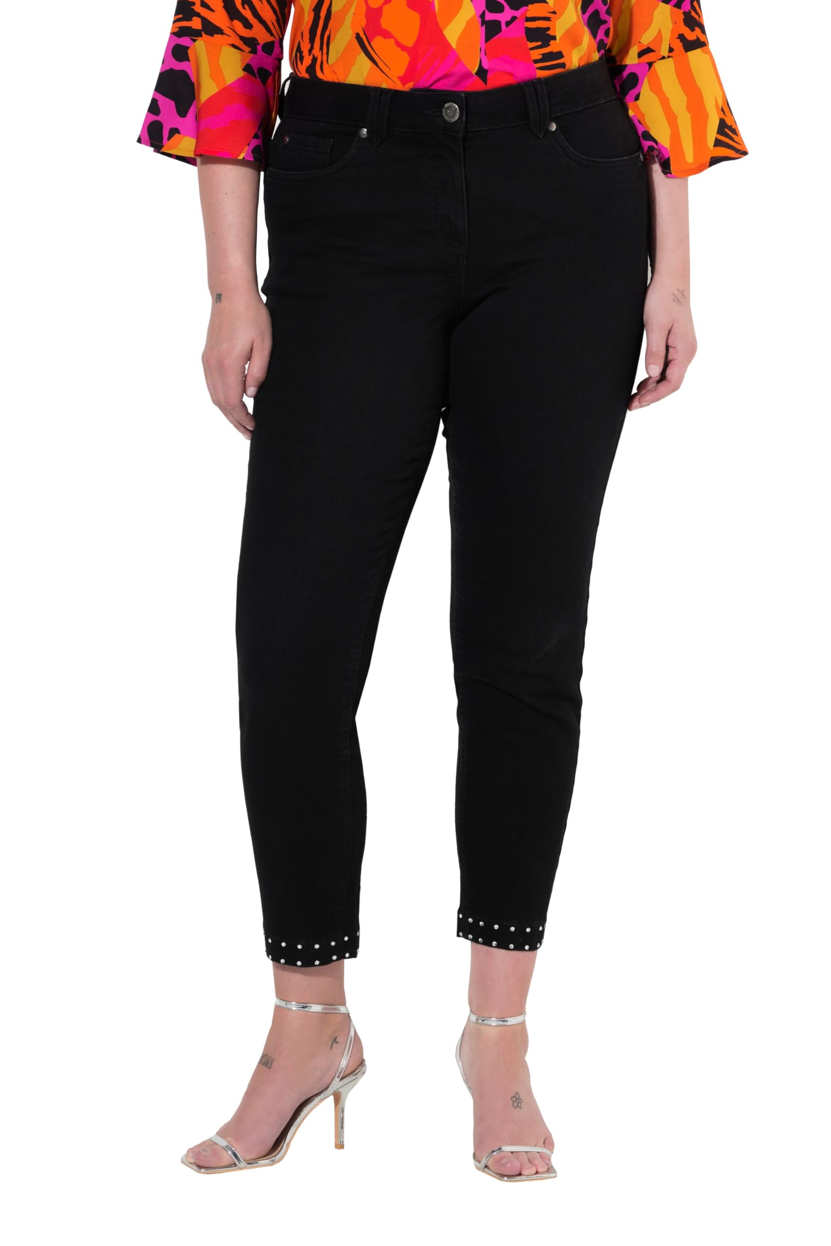 MIAMODA Damen große Größen Übergrößen Plus Size Jeans, Slim Fit, Ziersteinchen-Saum, Glitzerschleife 841803