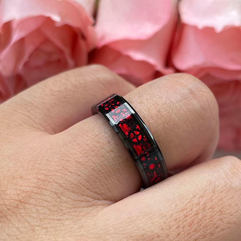 TUTISS 6mm 8mm Blue Red Green Carbon Fiber Steampunk Gear Inlay Tungsten Rings for Men Women Wedding Bands Beveled Edges Polished Comfort Fit