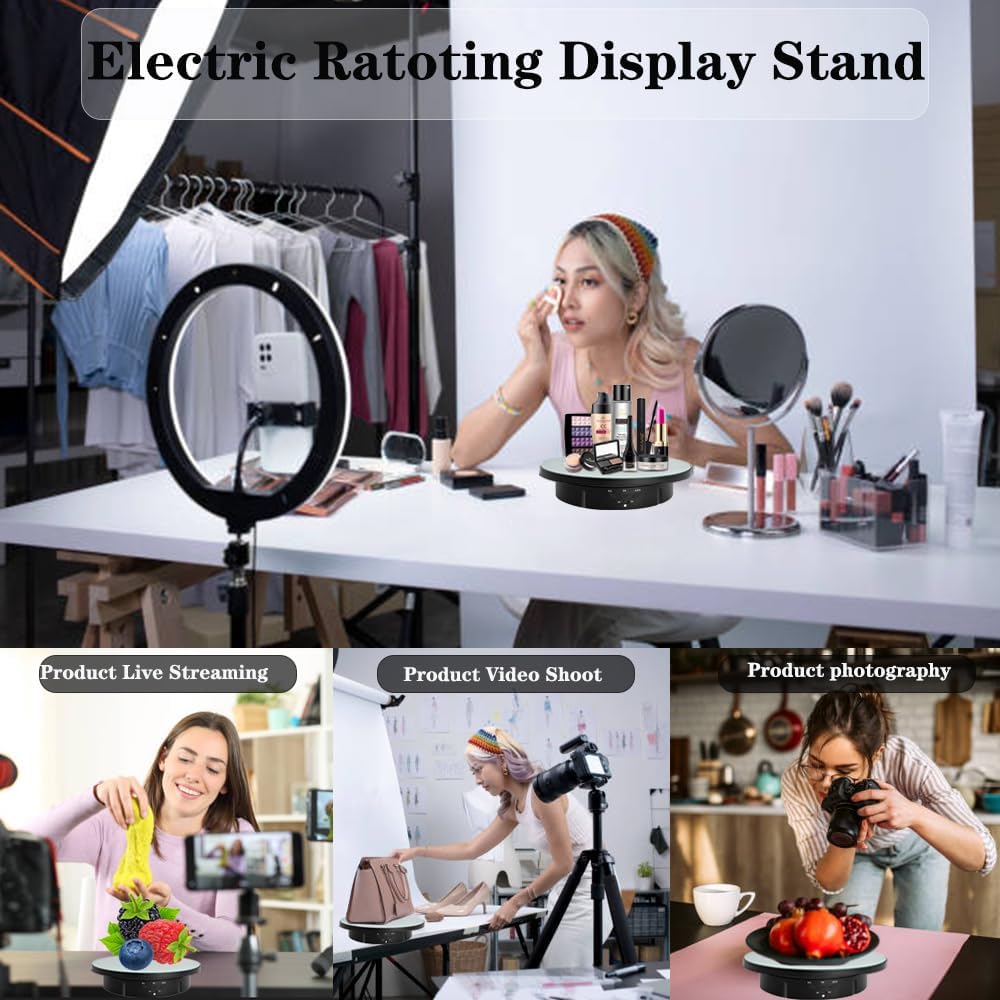 JAYEGT 3 in 1 Motorized Rotating Display Stand with 5.74 /7.08/ 8.66 inch Replacement Mirror Cover，Max 22lbs Load，360 Electronic Turntable for Photography Products (Mirror /3 in1 / Black/ Remote controller)