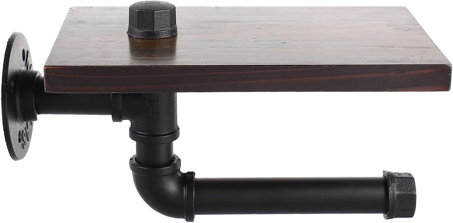 Nordic Style Black Iron Pipe Wall-Mounted Storage Shelf with Vintage Tissue Holder and Bathroom Rack, Decorative Shampoo Organizer with Screws for Home Bathroom Storage