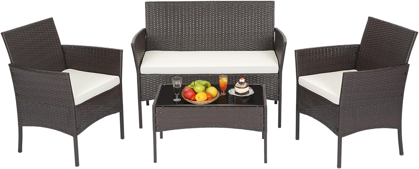 FDW | 4-Piece Patio Furniture Set | Brown | Outdoor Wicker Furniture with Coffee Table | Modern Rattan Chairs Conversation Set | Outdoor Seating | Weather-Resistant | for Porch, Garden, Lawn