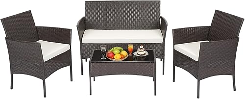 Miniatura 73 de FDW Juego de muebles de patio de 4 piezas Muebles de mimbre para exteriores con mesa de centro Juego de sillas de ratán modernas Asientos al