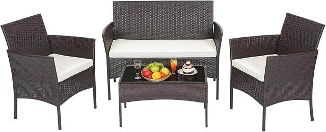 FDW Patio Furniture 4 Piece Patio Set Chairs Wicker Sofa Outdoor Rattan Conversation Sets Bistro Set Coffee Table for Yard or Backyard (Brown)