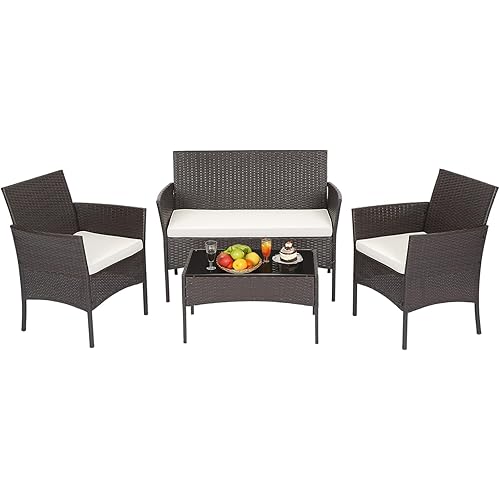 FDW | 4-Piece Patio Furniture Set | Brown | Outdoor Wicker Furniture with Coffee Table | Modern Rattan Chairs Conversation Set | Outdoor Seating | Weather-Resistant | for Porch, Garden, Lawn