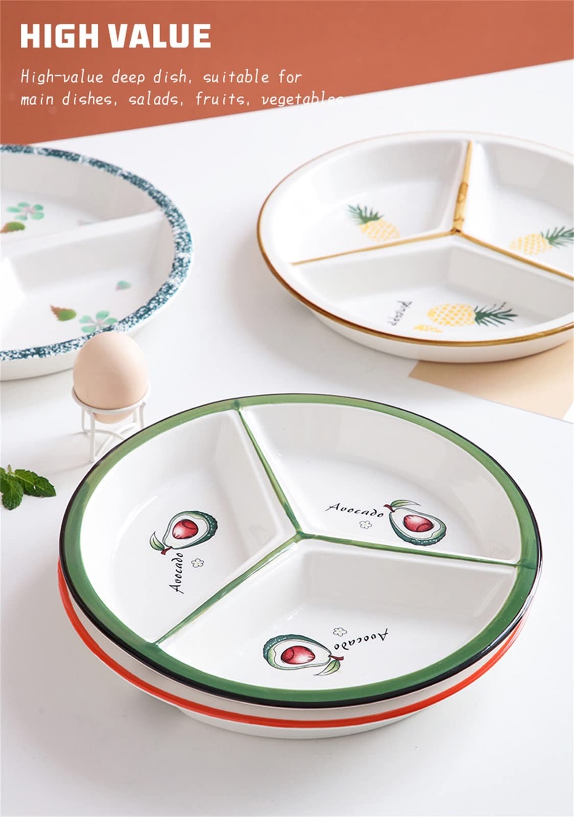 Ceramiczne podzielone talerze do serwowania cukierków, orzechów, owoców, warzyw, przystawek 3 przegródki, okrągłe talerze kontrolne dla dorosłych (Color : Grass Pattern)