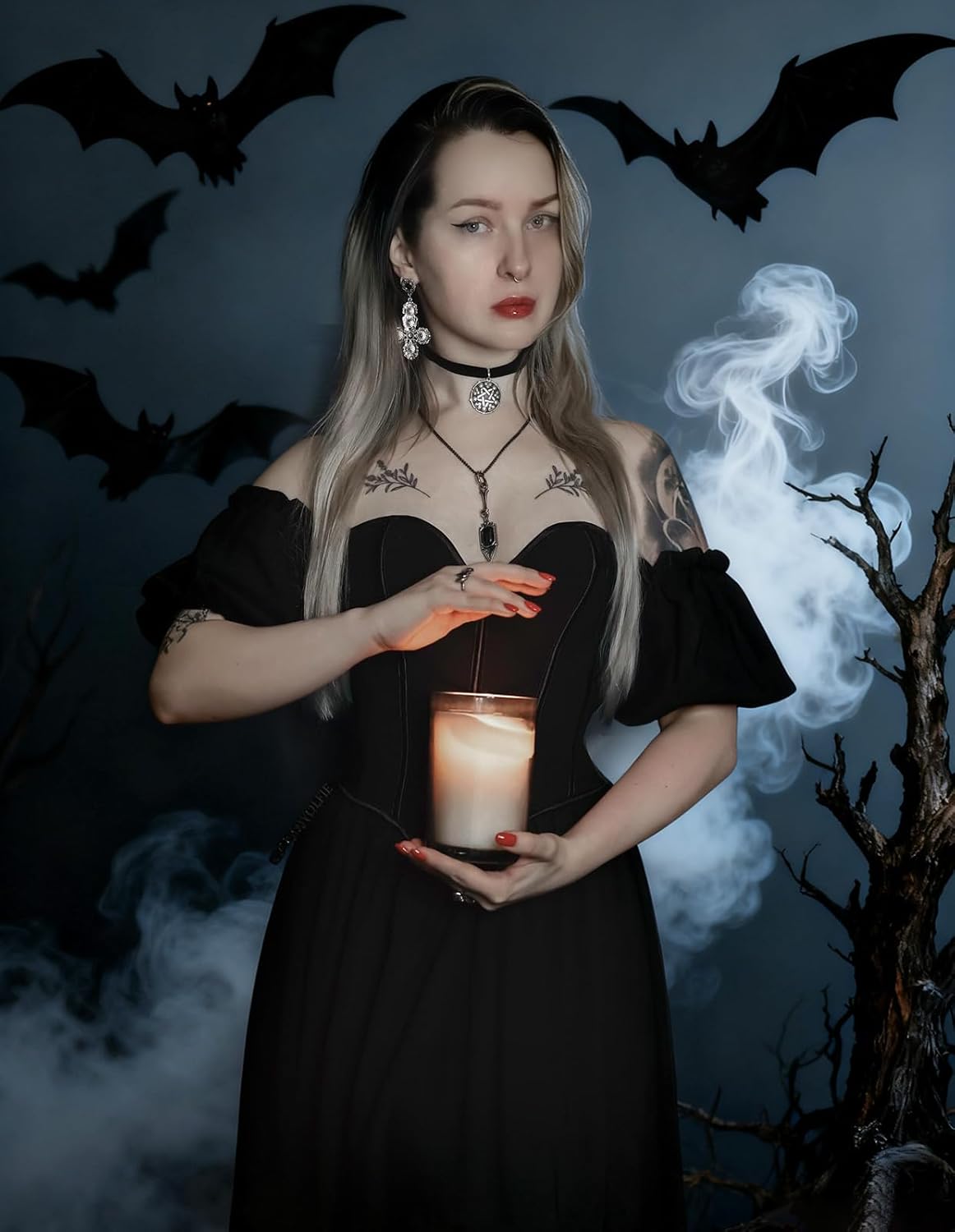 Scarlet Darkness Women Off Shoulder Corset Dress Sweetheart Fishboned Puff Sleeve Renaissance Dress - Image 3