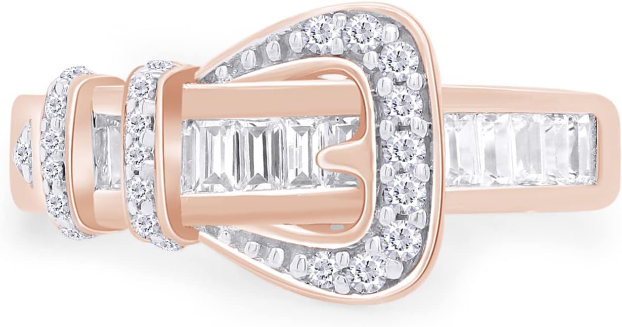 Baguette & Round White Cubic Zirconia Belt Buckle Band Ring for Women, 14K Gold Over Sterling Silver Statement Ring, Dainty CZ Jewelry Gift
