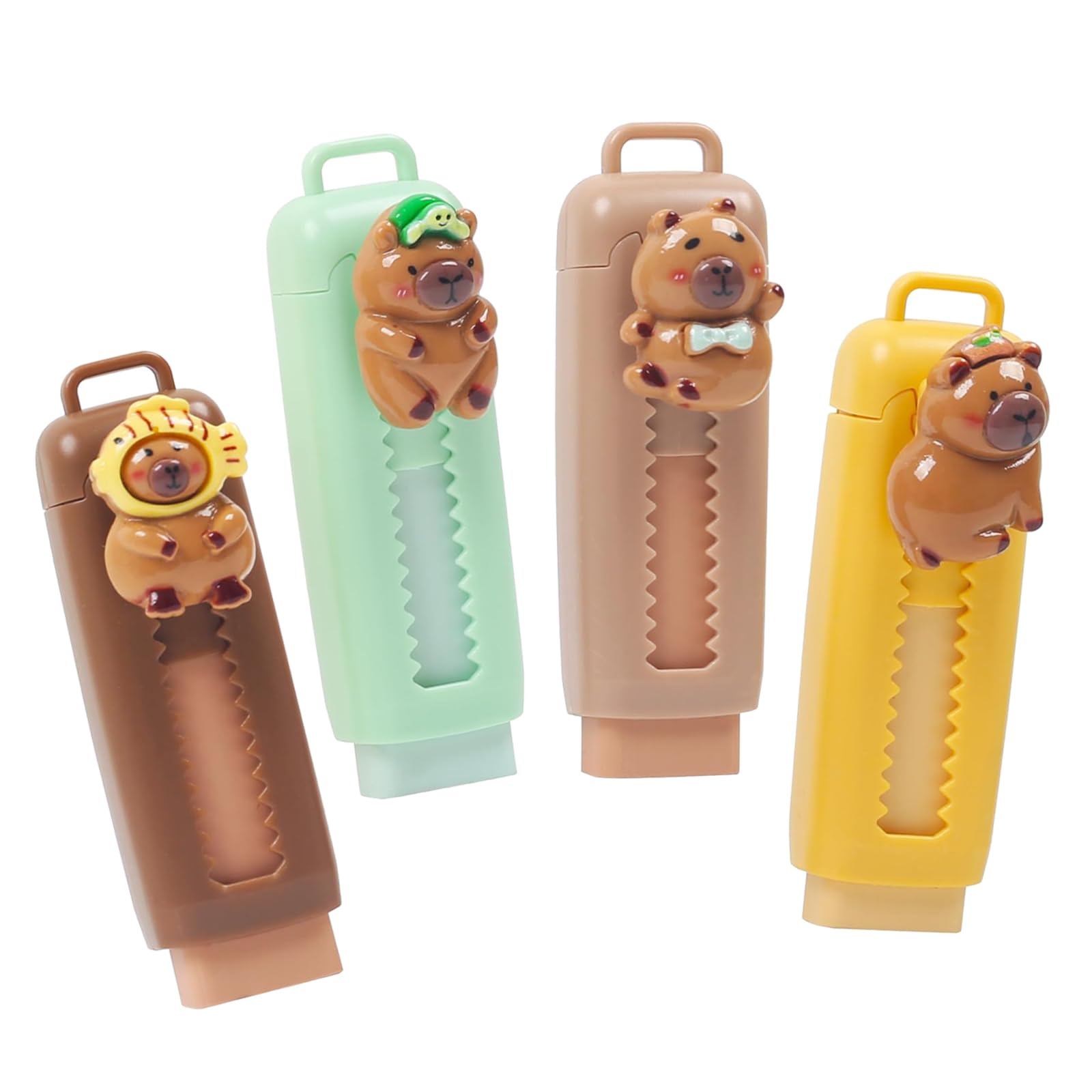 Cute Capybara Erasers 4 Pack by HUANYO, Retractable Push-Pull Design