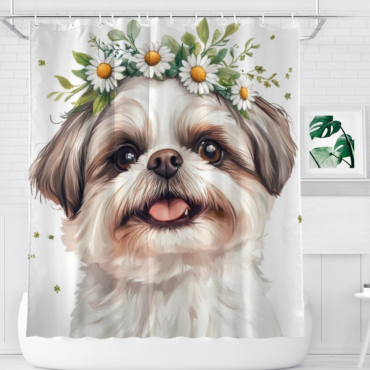 NGZ White Daisy Floral Shower Curtain Shih Tzu Shower Curtain Farmhouse Flower Spring Rustic Blossom Fabric Bathroom Decor Set with Hooks（72Wx72H） image 3