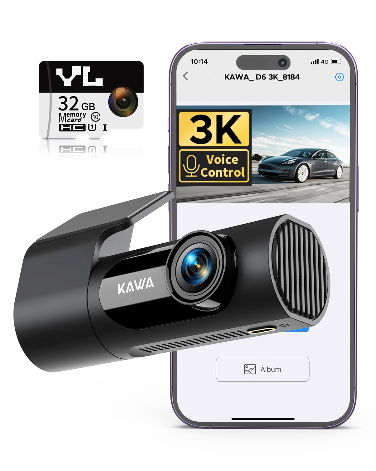 KAWA Dash Cam 3K, Mini Front Dash Camera for Cars, Smart Voice Control, 1620P QHD, Built in WiFi, 24H Parking Mode, Loop Recording, G-Sensor, Night Vision, iOS/Android Mobile App, Support 256GB Max