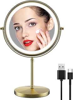 zelaxy 8 Inch Makeup Vanity Mirror with Lights, Rechargeable Double Sided 1X 10X Magnifying Mirror, Lighted Makeup Mirror with 3 Color Lighting, Touch Sensor Dimming, Brightness Adjustable (Bronze)