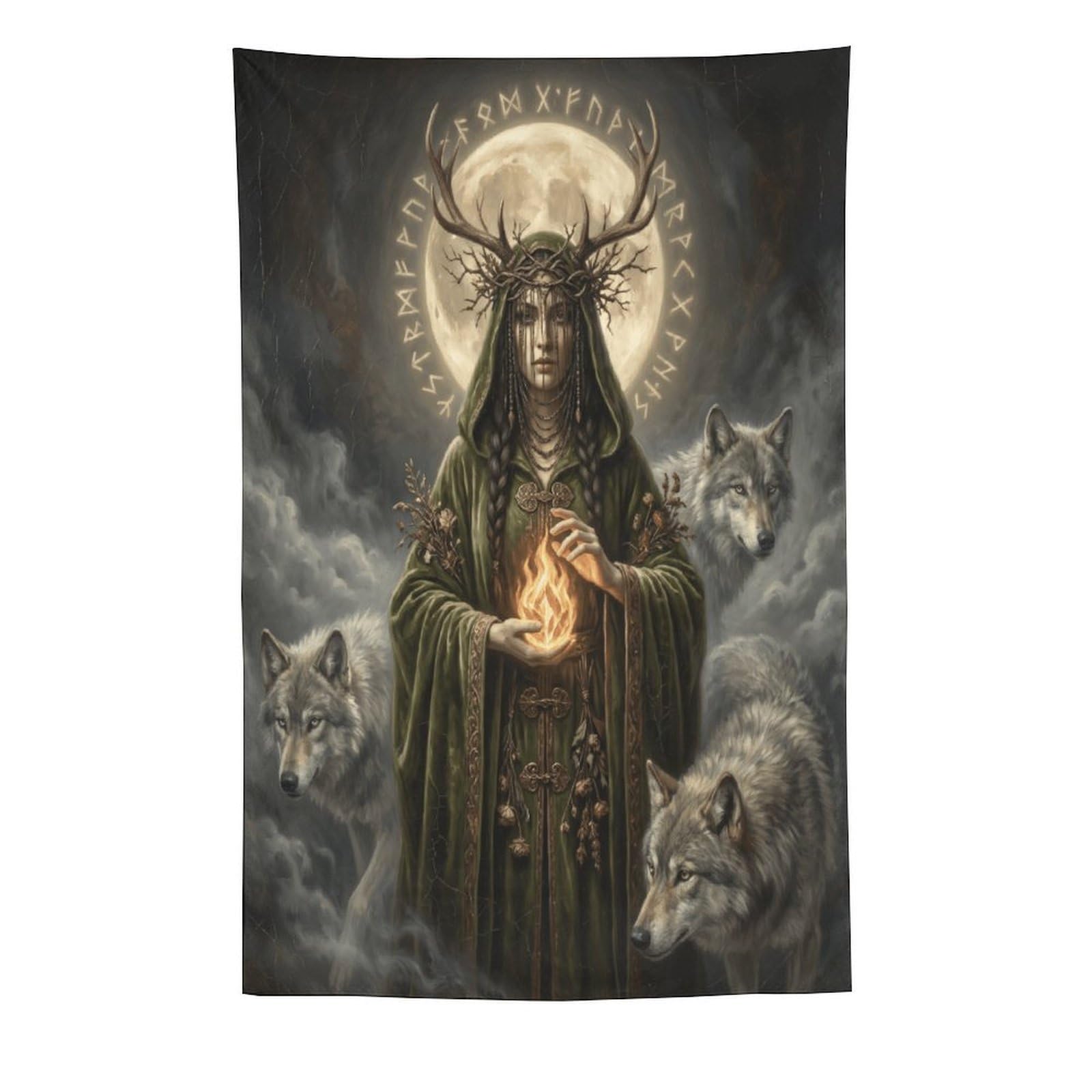 W7C8U2X3 Wolf Goddess Green Robe Wall Tapestry, Realistic Illustration