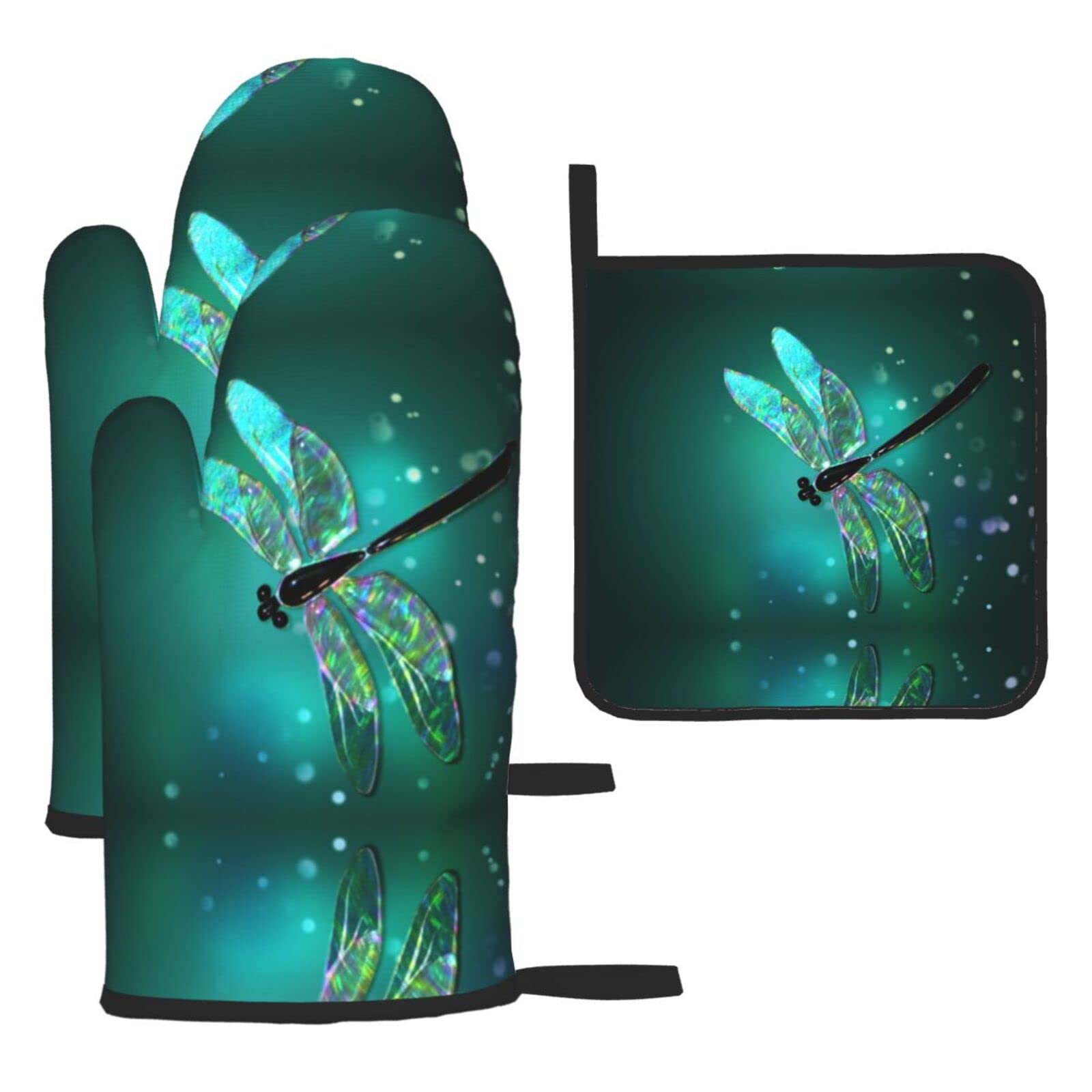 Galaxy Animal Dragonfly Oven Mitts and Pot Holder Kitchen Set for Grilling, Cooking, Baking, Heat Resistant