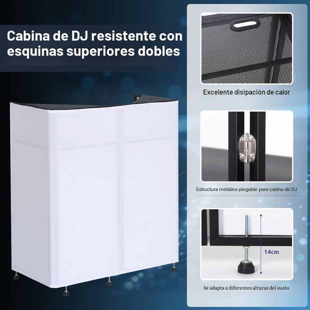 Kokorona Cabina de DJ Portátil de 108 x 51 x 115 cm con esquinas superiores dobles, cabina de fachada de DJ con agujero para cable, soporte de mesa de DJ con tira de luz y control remoto, marco de