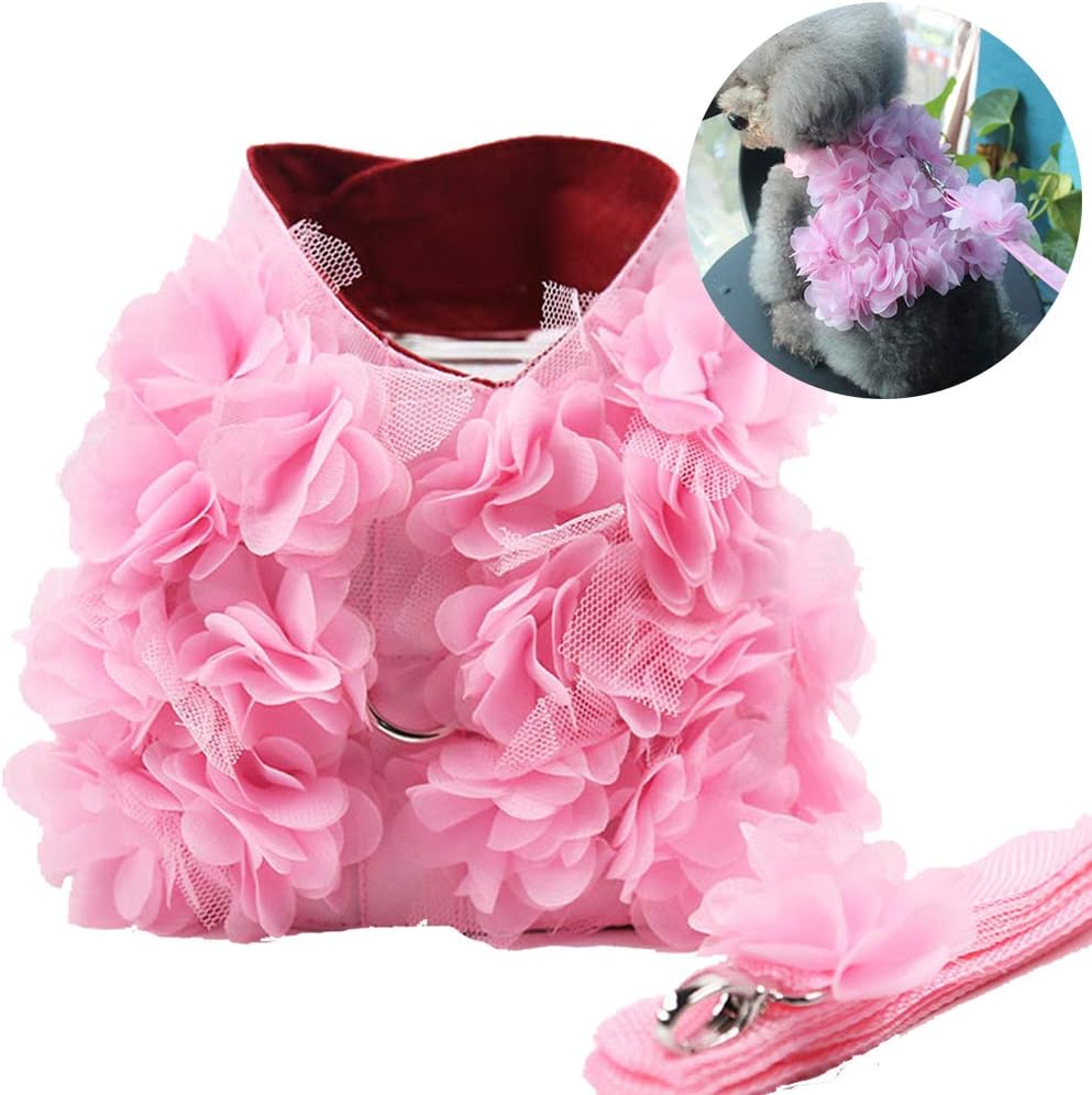 Dog Harness Leash for Girl Cat Flower Harnesses Waking Vest Ultra Light Escape Proof Kitten Walking Jacket Outdoor Comfort Fit for Halloween Wedding Cat Puppy Dog Kitty Small Animals