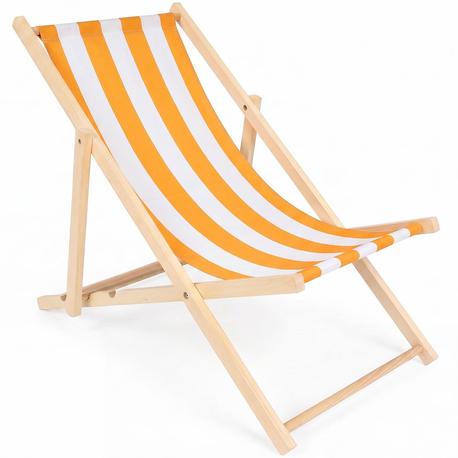 Liegestuhl Holz klappbar leicht 3-Fach verstellbar stabil bis 120 kg Buchenholz Strand für Garten Balkon Camping Strandstuhl - Weiß & Orange