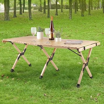 Foldable Camping Table - 4ft Roll-Up Portable Picnic Table with Carry Bag - Indoor/Outdoor Low Height Travel, Party, or Beach Table by Wakeman Outdoors (Natural Wood)