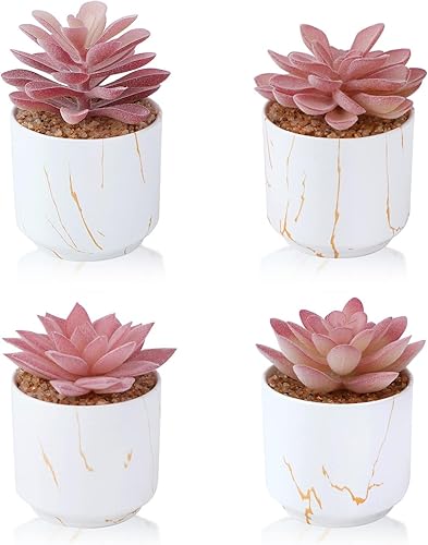 Plantas artificiales suculentas, bonitas suculentas falsas en 4 macetas de cerámica blanca, pequeñas plantas falsas para oficina, mesa, escritorio,