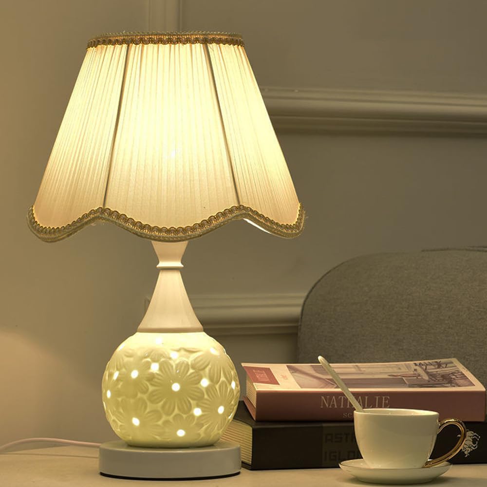 Mengjay Tischlampe Retro Keramik,E27 Tischleuchte Deko Wohnzimmer,Vintage Nachttischlampe mit Stoff Lampenschirm,Schreibtischlampe Schlafzimmer Kinderzimmer Büro Deko (Beige)