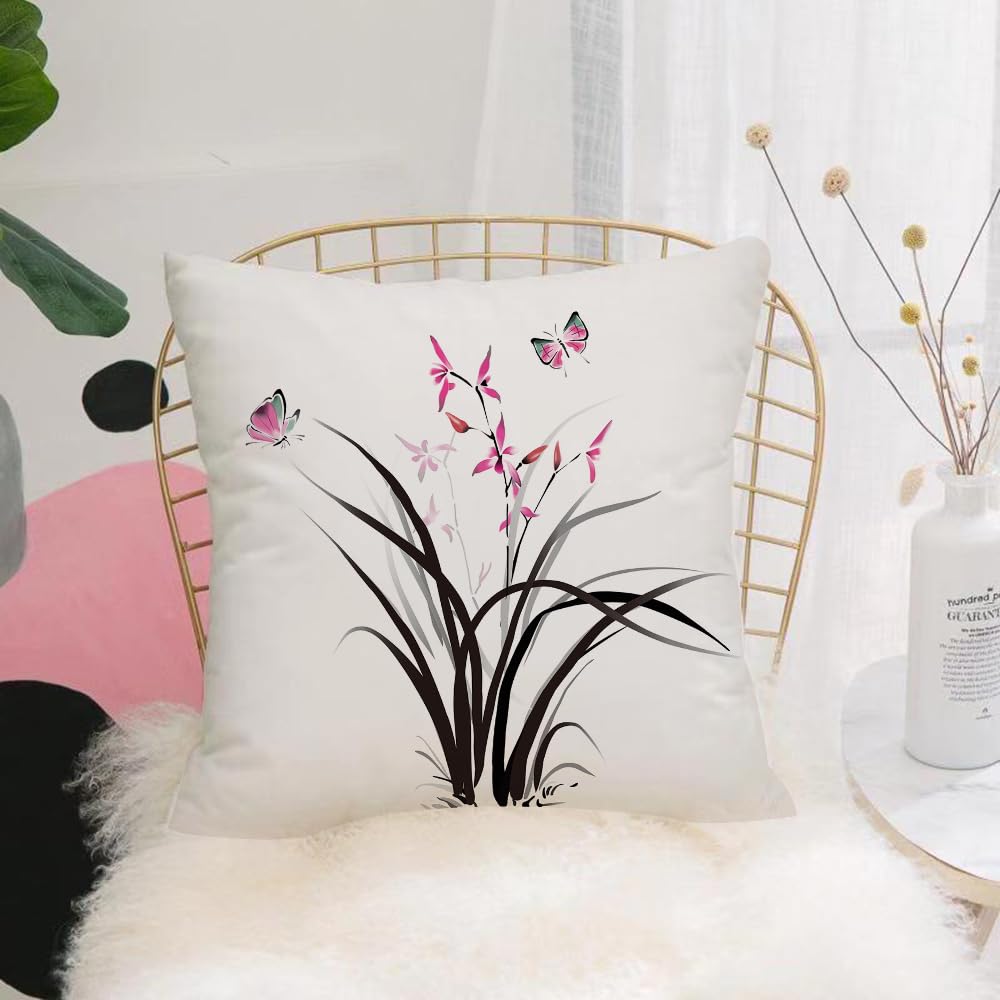 HYOSXW Cushion Cover,Throw Pillow Case Home Decorative for Living Room Bedroom Sofa Chair 16X16 Inch,Chinese Orchid and Butterfly Exotic Wild Mysterious Ink Style Print,Pillowcase 40X40cm