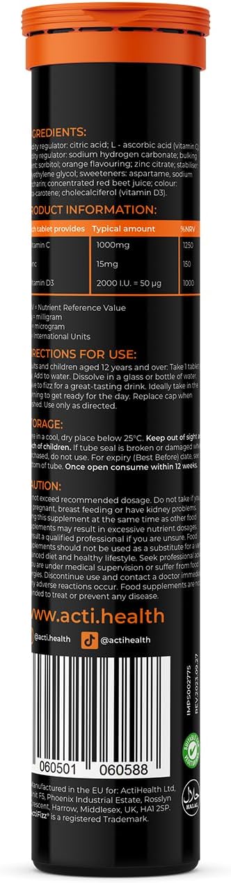 3X ActiFizz Vitamin C 1000mg, Zinc + Vitamin D3 | 60 Effervescent Tabs | Orange Flavour | Immunity Boost | Halal Certified
