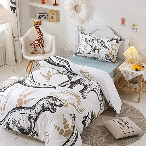 Mateju Parure de Lit pour Enfant Dinosaure Housse de Couette 140x200 cm et Taie d'oreiller 65x65 cm, Ensemble de Literie 1 Personne Garçon Fille en Microfibre (Empreinte de Dinosaure,140x200cm) Cover