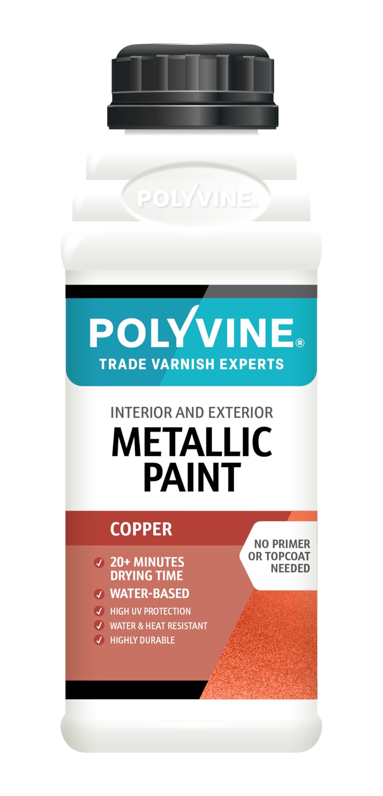 Polyvine Metallic Paint – Acrylic Metallic Heat Resistant Paint No Primer or Topcoat Needed - Water & UV Resistant Decorative Paint for Ceramics, Furniture, Ornaments, Interior Walls, Metalwork & More