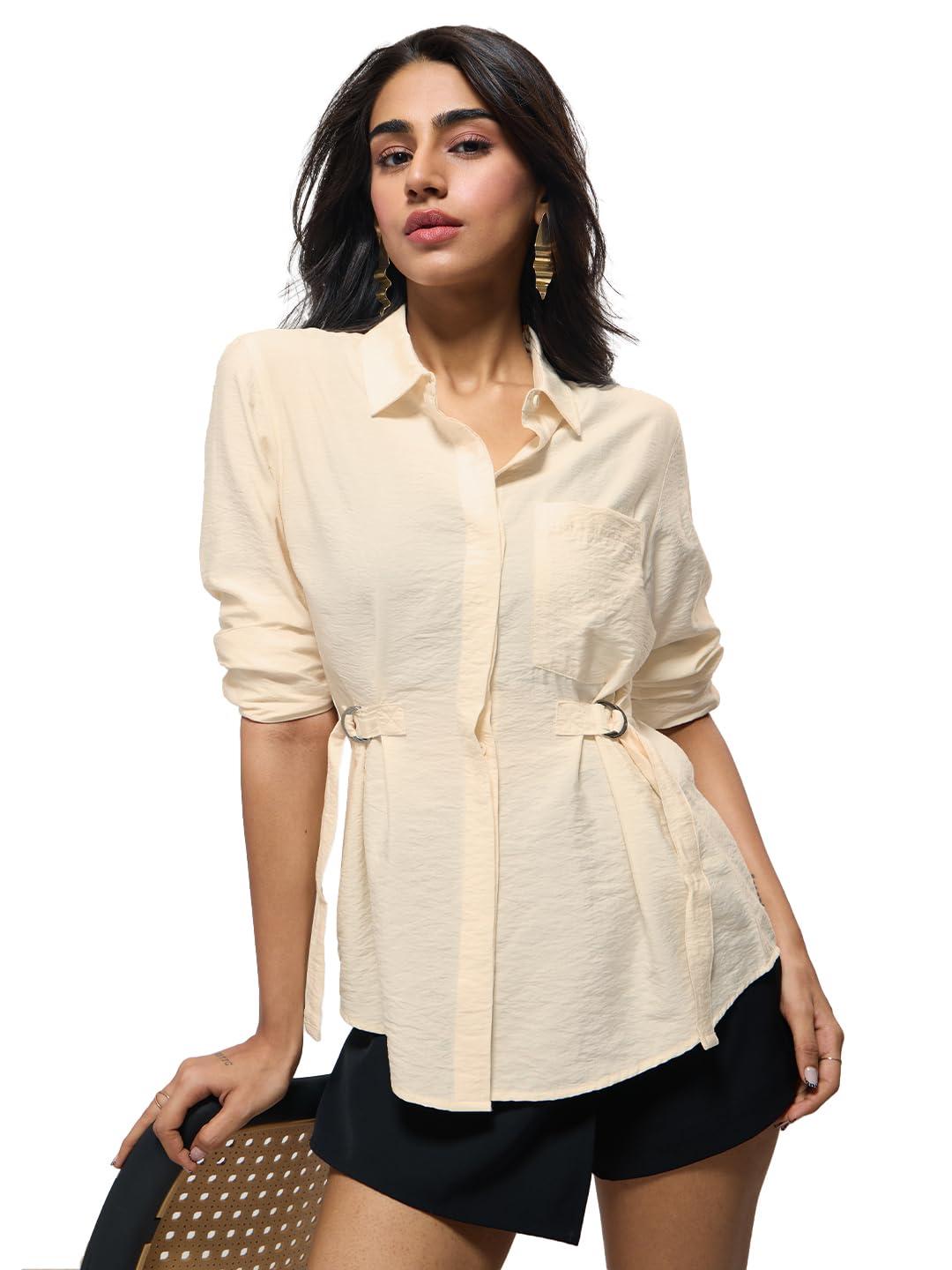 the souled store Buckle Shirt: Women and Girls Full Sleeves Spread Collar Solid Textured Viscose Nylon Blend Regular Fit Lightweight Summer-Ready Shirt-picture-28