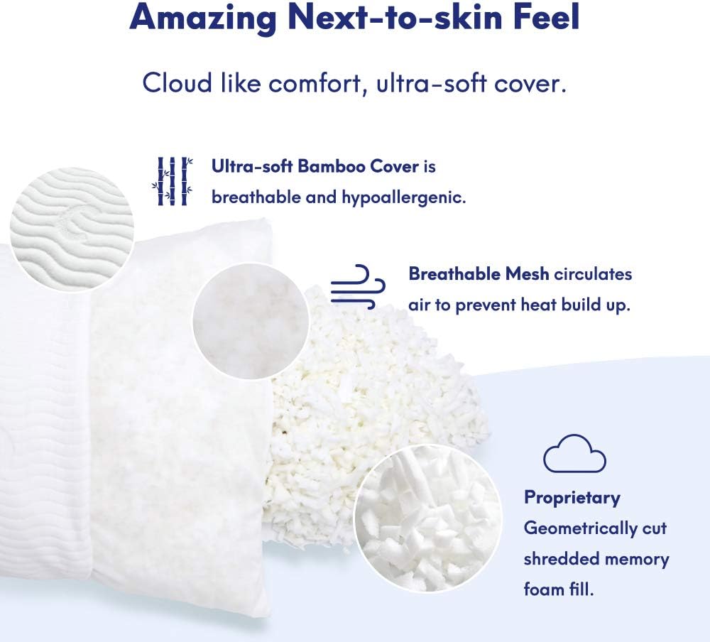 Cushion Lab Extra Support Adjustable Shredded Memory Foam Pillow for Back, Stomach, Side Sleeper - Sleep Comfort & Neck Support Bamboo Pillow, Oeko-Tex Hypoallergenic Cover, CertiPUR US (Queen Size)