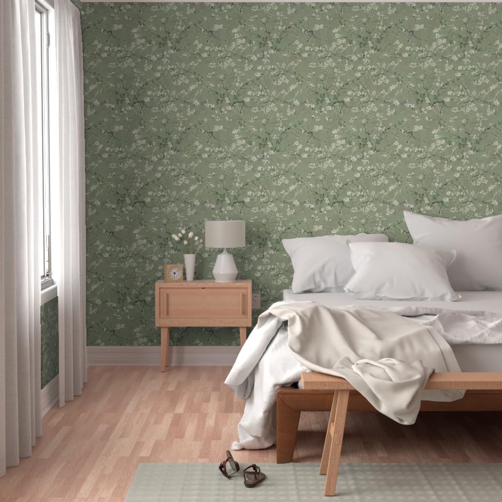 Removable Wallpaper Swatch - Almond Blossom Sage Green Vintage Inspired Custom Pre-Pasted Wallpaper by Spoonflower