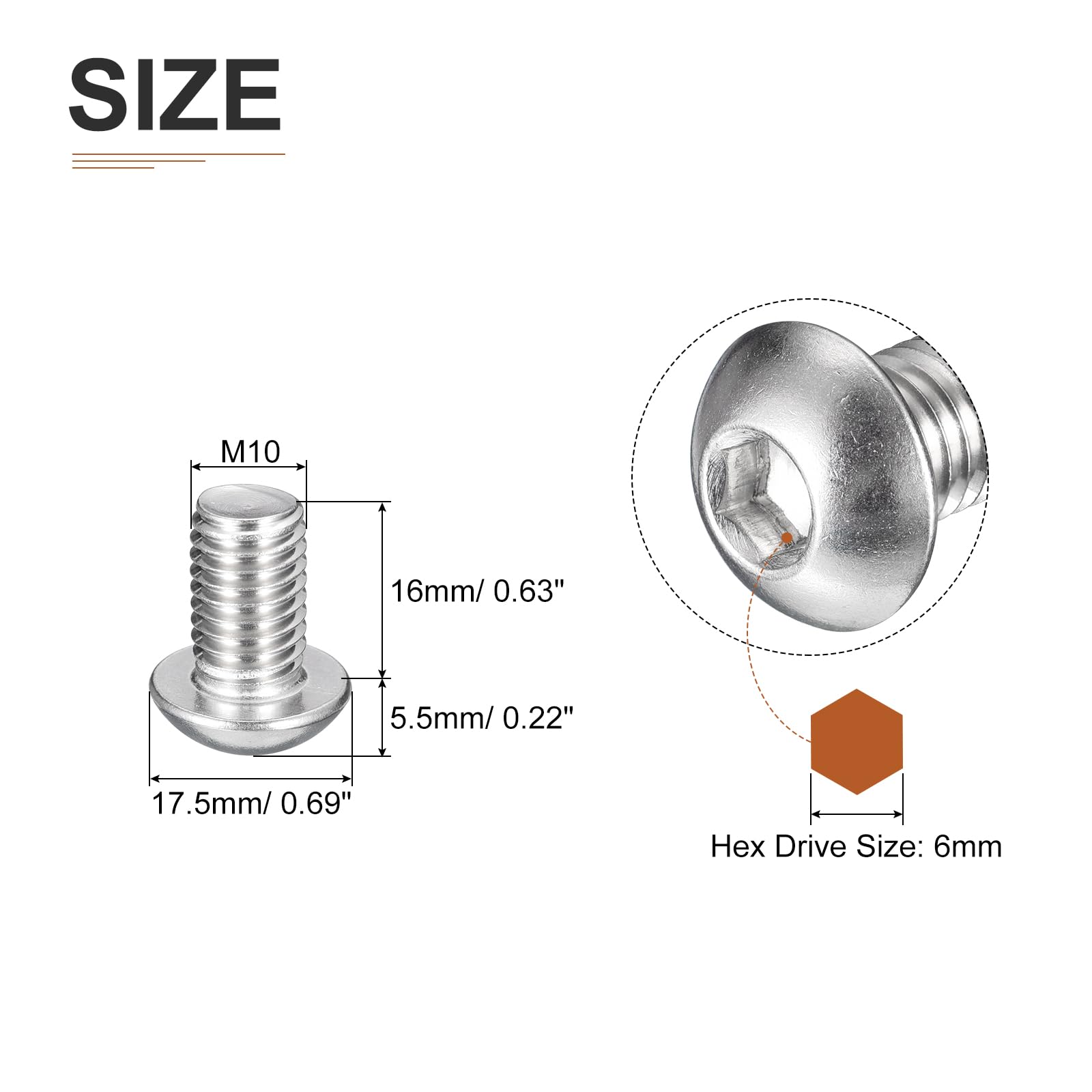 DTGN M10-1.5x16mm Button Head Socket Cap Screws, 10Pack, Good for Machine, 304 Stainless Steel 18/8 - Image 2