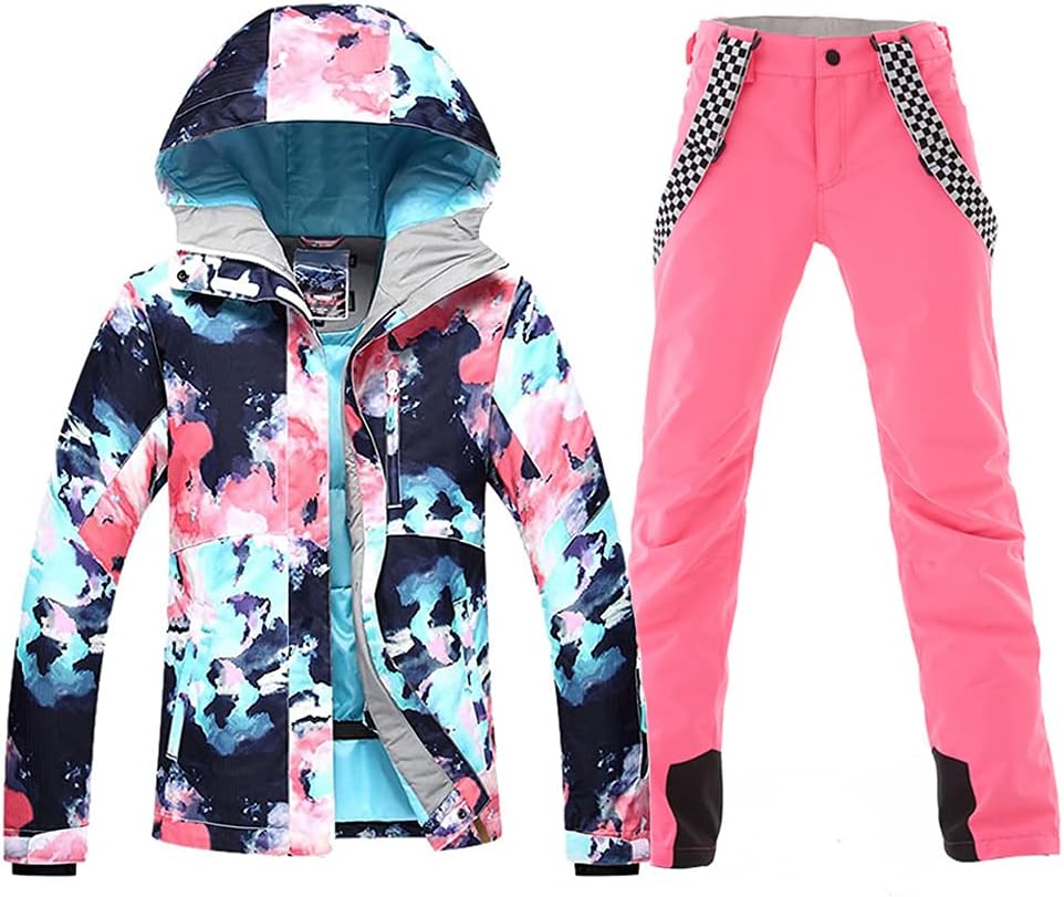 Women's Ski Bib Suit Jacket Waterproof Snowboard Colorful Printed Ski Jacket and Pants Set