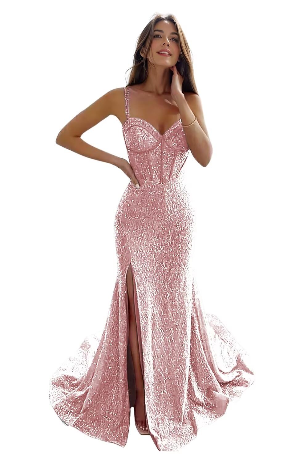 AUSPORYSequin Mermaid Prom Dresses with Slit Spaghetti Straps Corset Ball Gowns Maxi Long Formal Evening Dresses AU111